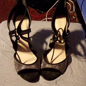 Guess Women's Sandal Heels,.Black sequin design, tie up front, zipper back